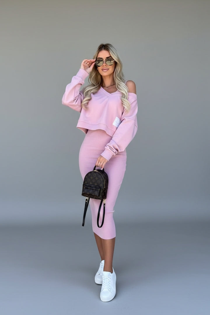 Women's Sweatshirt Dress Set with Fitted Midi Dress and Modern Sweatshirt