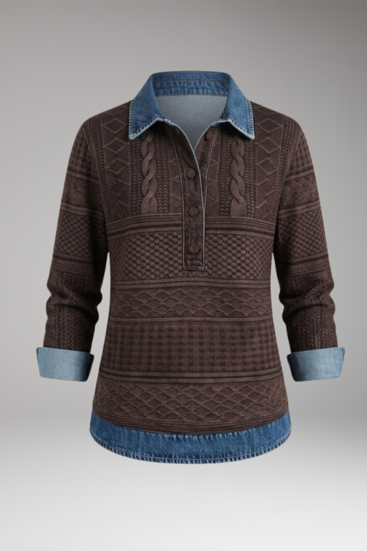 Women's Sweatshirt with Denim-Style Collar and Braided Texture