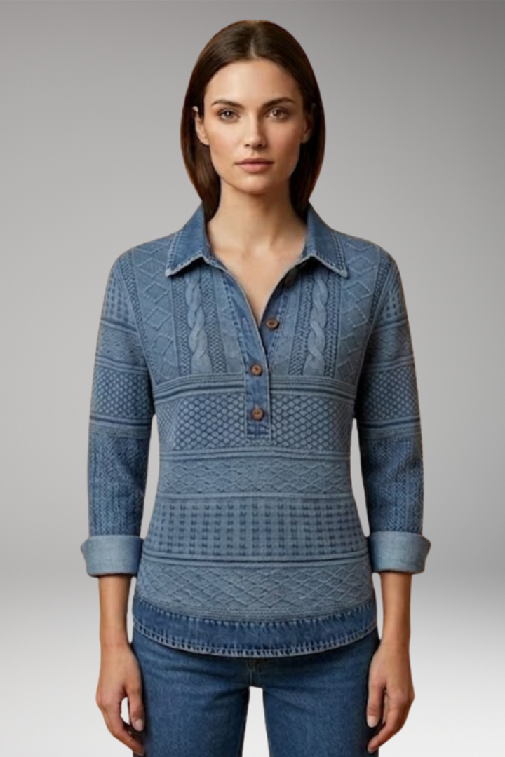 Women's Sweatshirt with Denim-Style Collar and Braided Texture