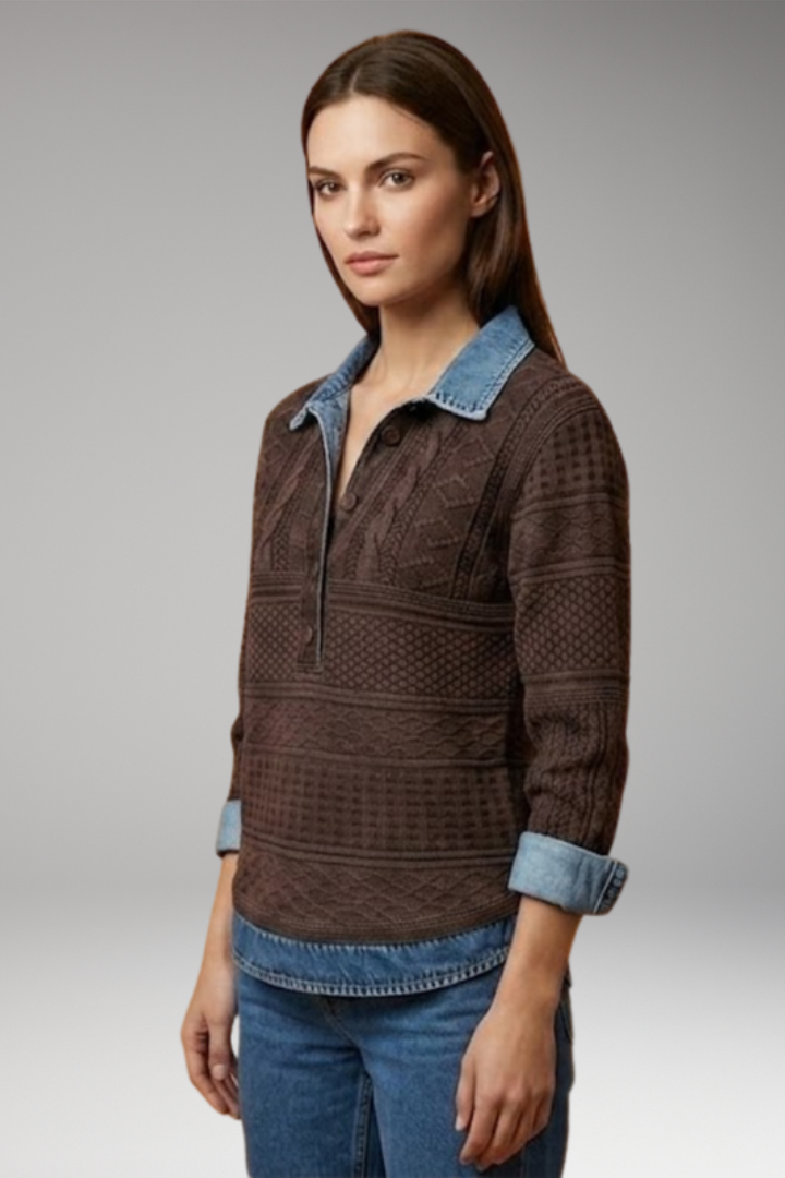 Women's Sweatshirt with Denim-Style Collar and Braided Texture