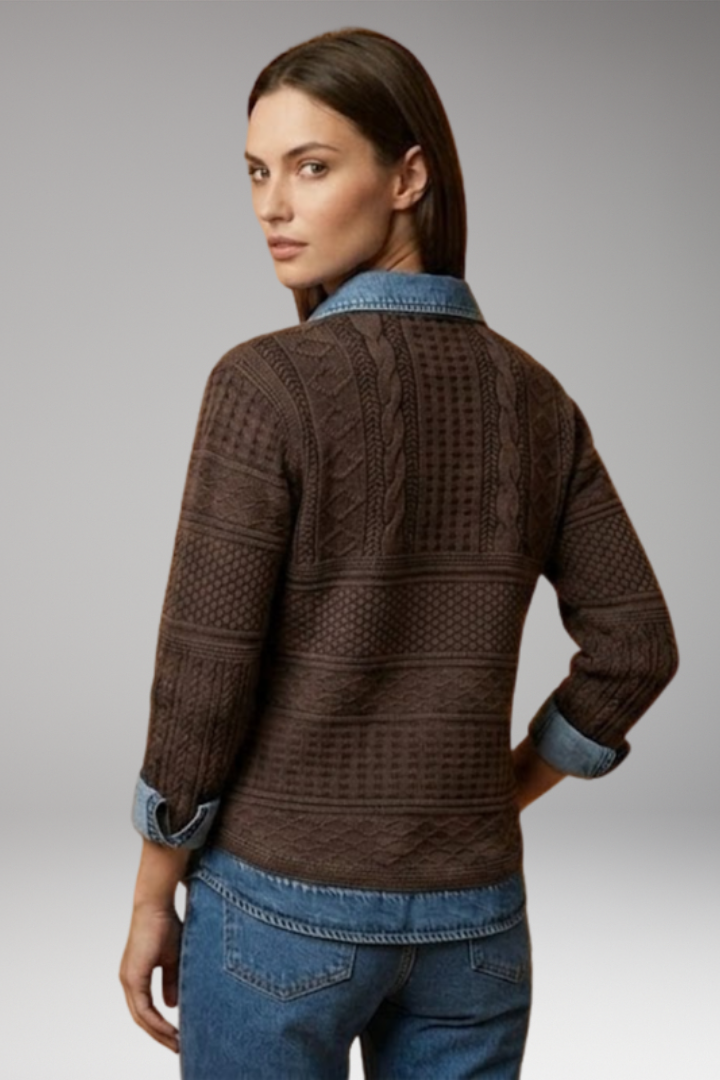 Women's Sweatshirt with Denim-Style Collar and Braided Texture
