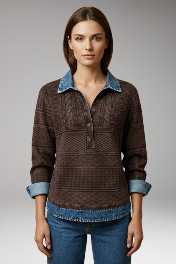 Women's Sweatshirt with Denim-Style Collar and Braided Texture