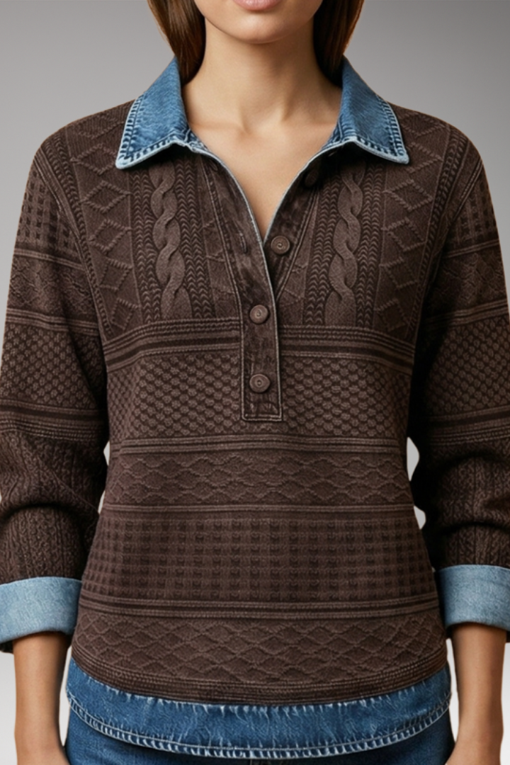 Women's Sweatshirt with Denim-Style Collar and Braided Texture