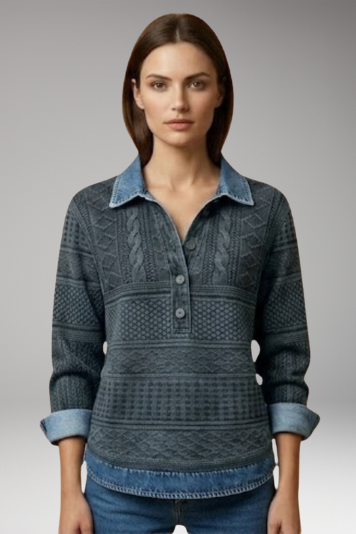Women's Sweatshirt with Denim-Style Collar and Braided Texture