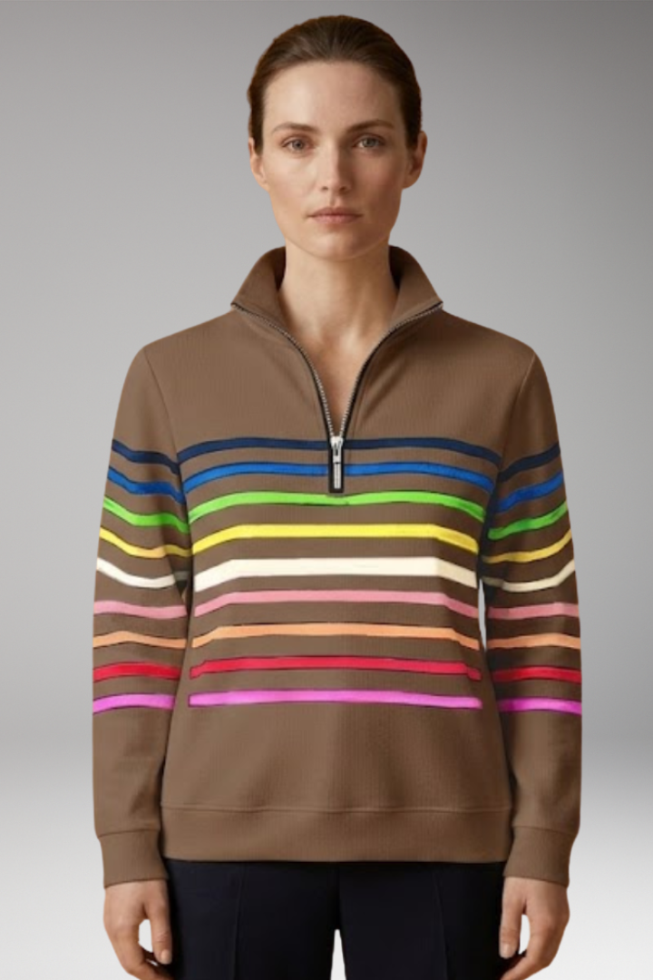 Women's Sweatshirt with Half-Zip Closure and Striped Pattern