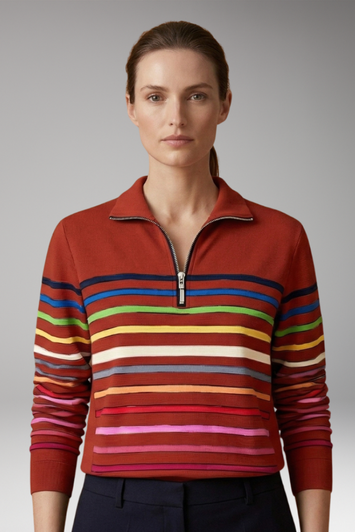 Women's Sweatshirt with Half-Zip Closure and Striped Pattern