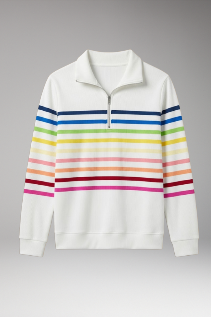 Women's Sweatshirt with Half-Zip Closure and Striped Pattern