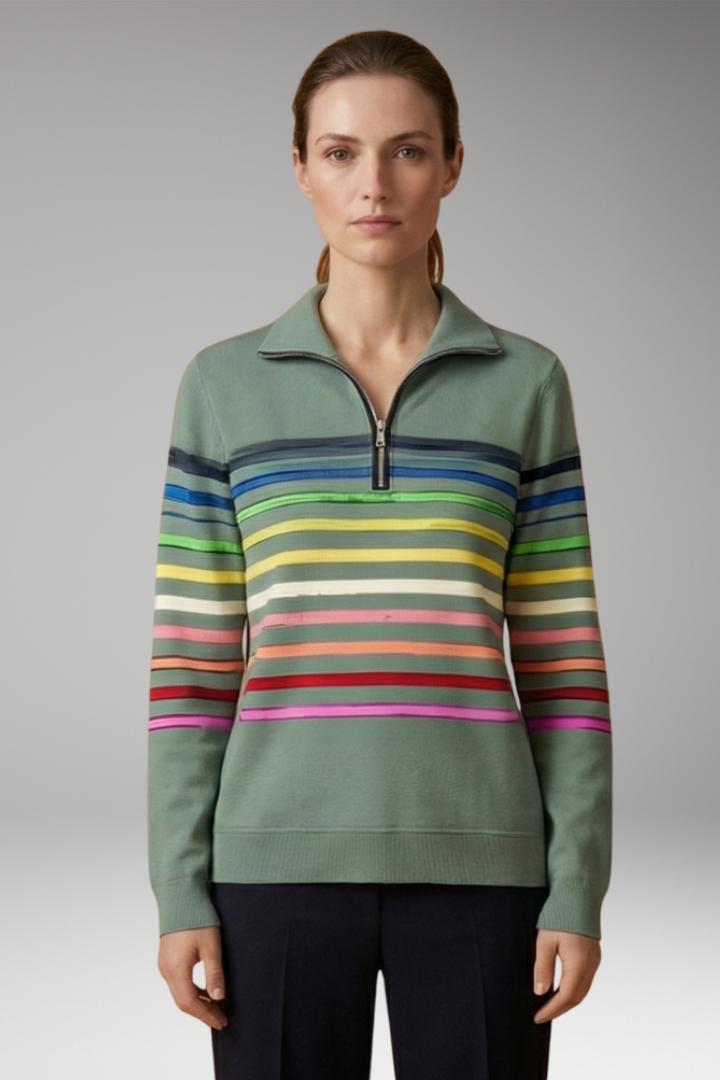 Women's Sweatshirt with Half-Zip Closure and Striped Pattern