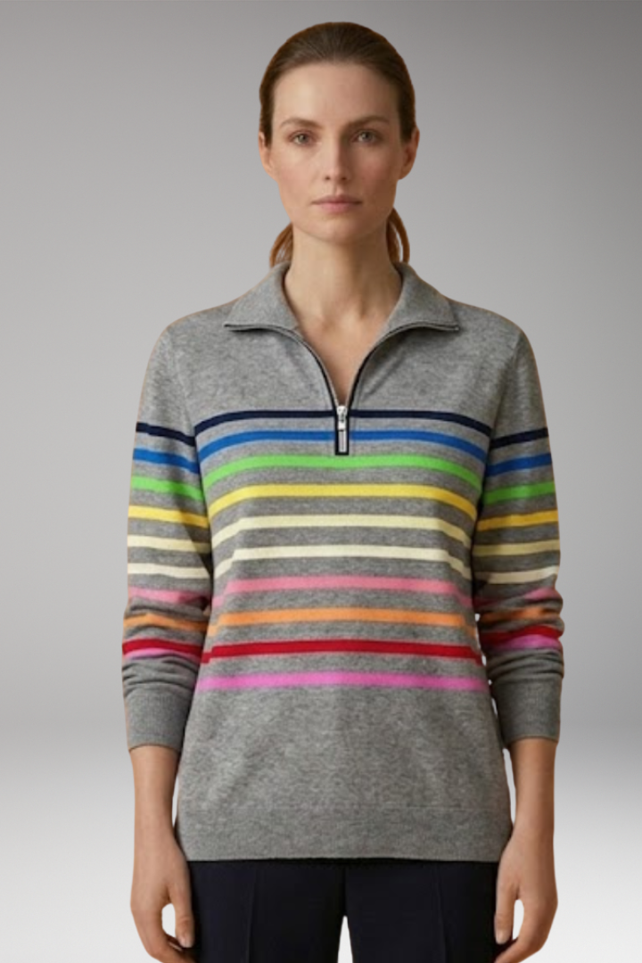 Women's Sweatshirt with Half-Zip Closure and Striped Pattern