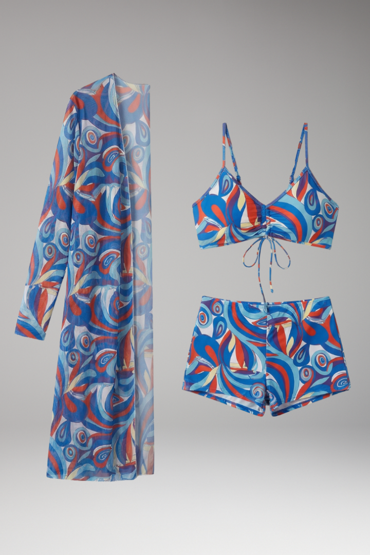 Women’s Swimsuit with Tied Front and Long Sheer Overlay
