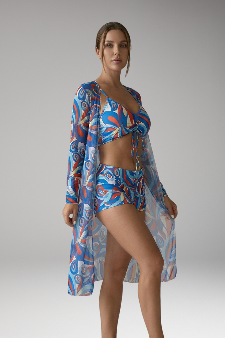 Women’s Swimsuit with Tied Front and Long Sheer Overlay