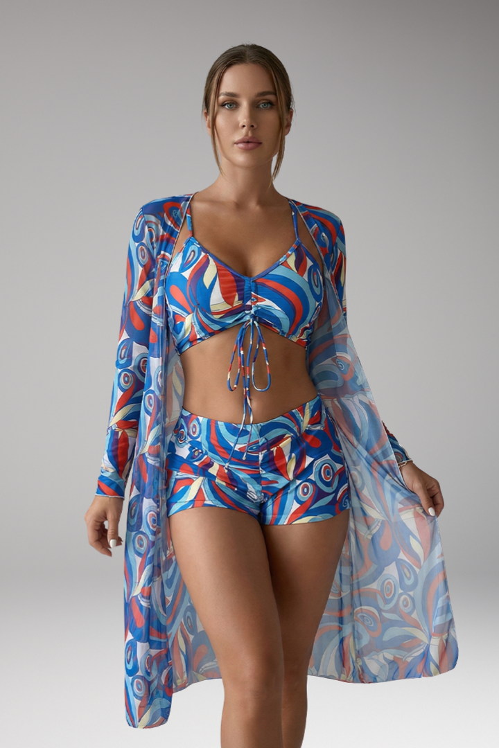 Women’s Swimsuit with Tied Front and Long Sheer Overlay