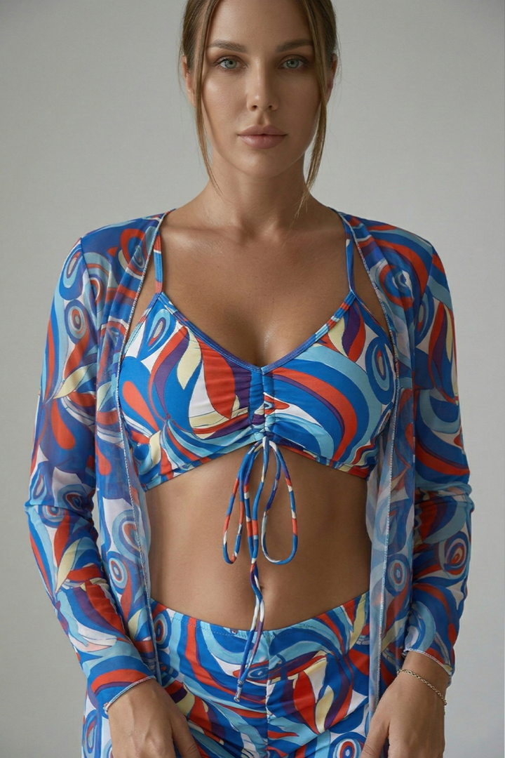 Women’s Swimsuit with Tied Front and Long Sheer Overlay