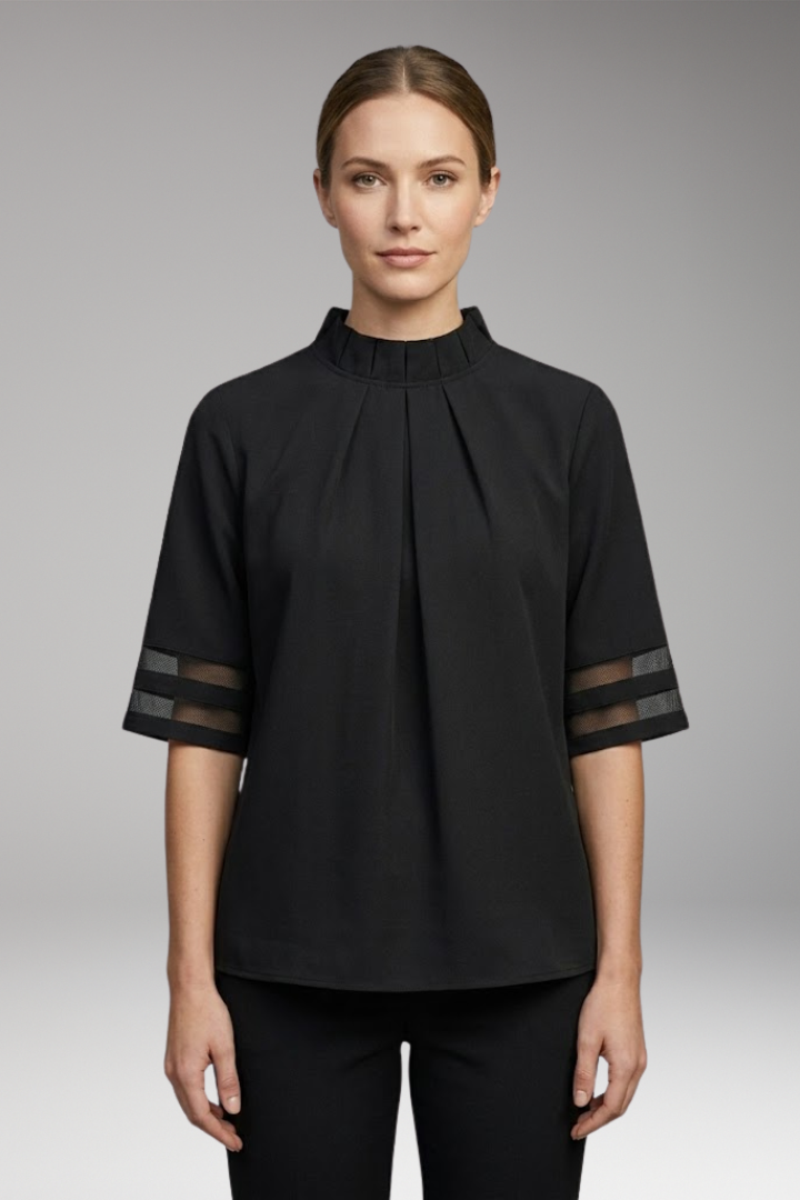 Women’s T-Shirt with High Collar and Pleated Front
