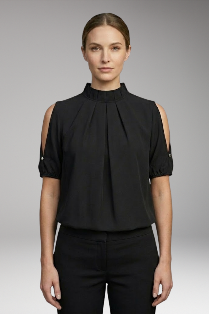 Women’s T-Shirt with High Collar and Pleated Front