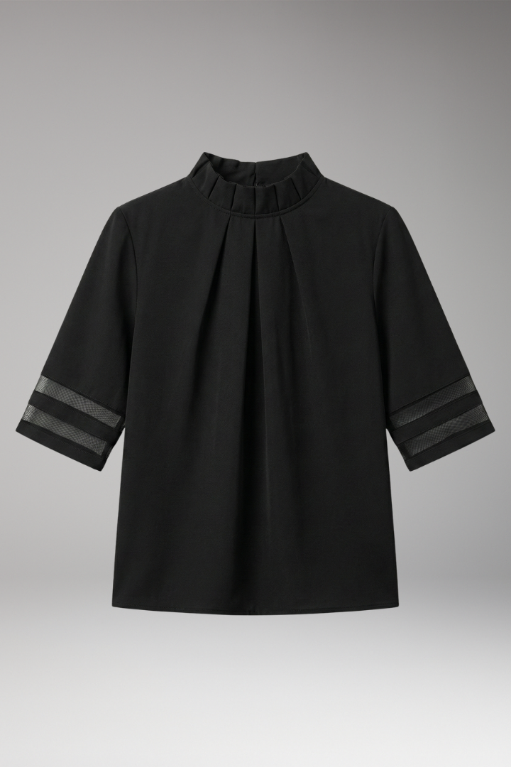 Women’s T-Shirt with High Collar and Pleated Front