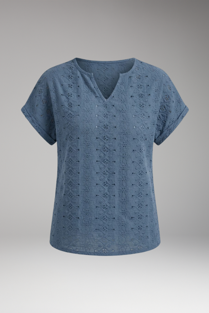 Women’s T-Shirt with Notched Neckline and Eyelet Embroidery