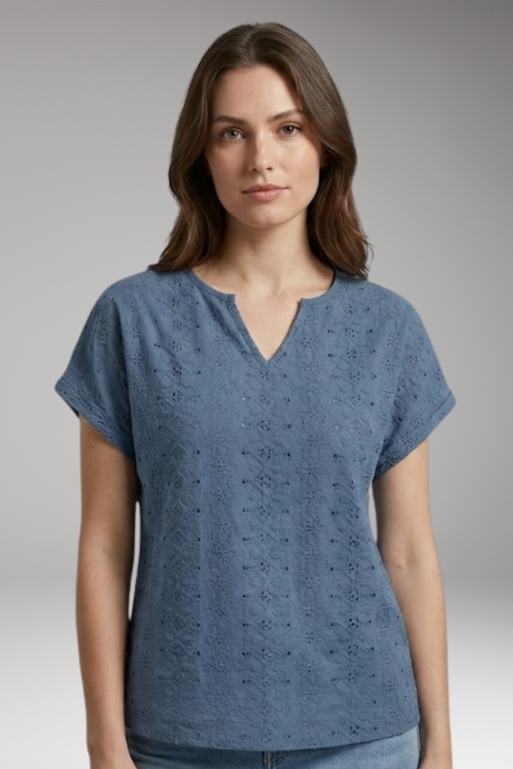 Women’s T-Shirt with Notched Neckline and Eyelet Embroidery