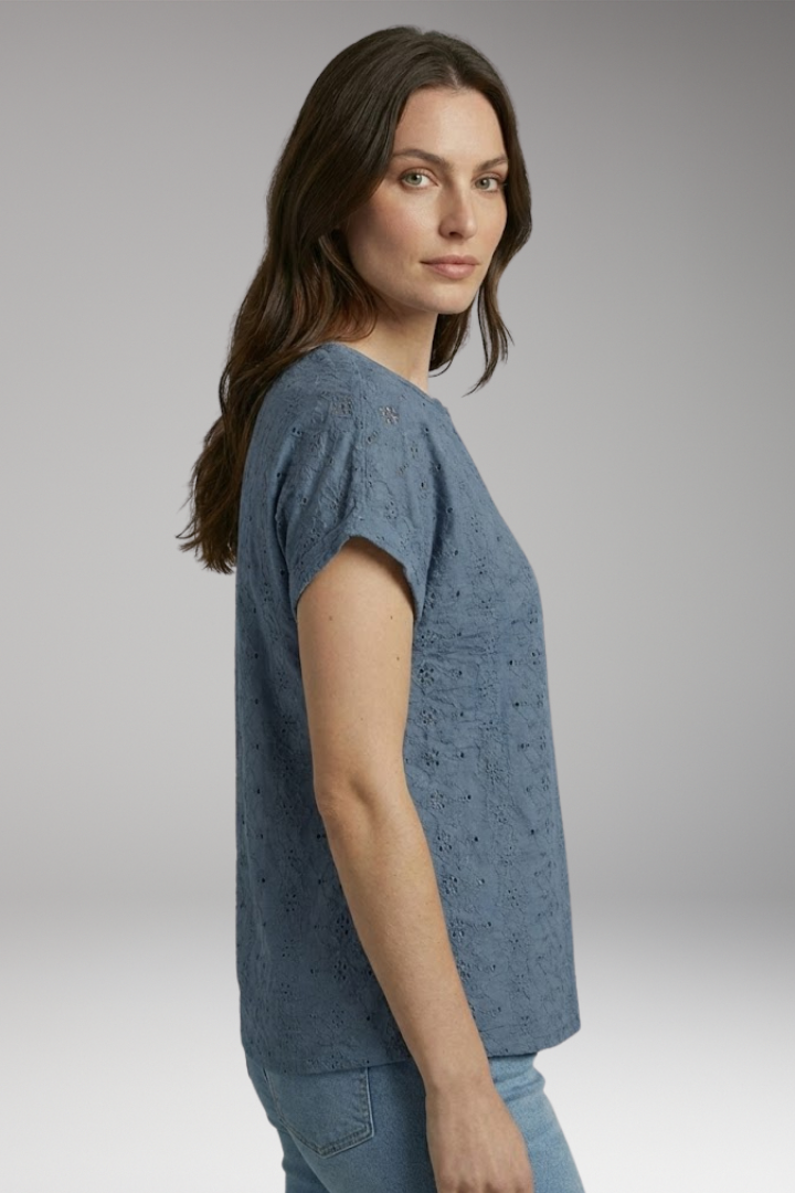 Women’s T-Shirt with Notched Neckline and Eyelet Embroidery