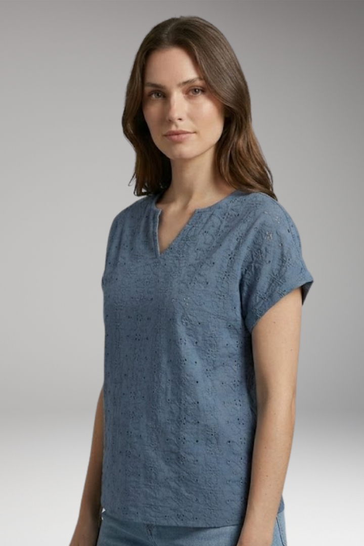 Women’s T-Shirt with Notched Neckline and Eyelet Embroidery