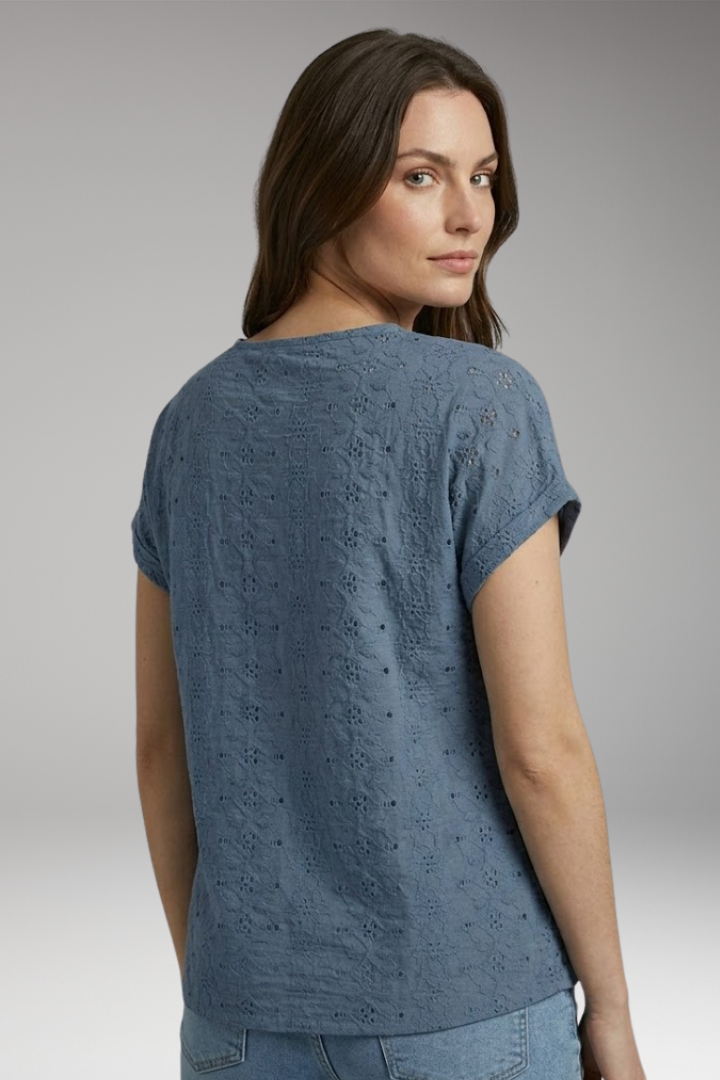 Women’s T-Shirt with Notched Neckline and Eyelet Embroidery
