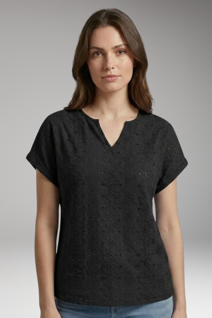 Women’s T-Shirt with Notched Neckline and Eyelet Embroidery