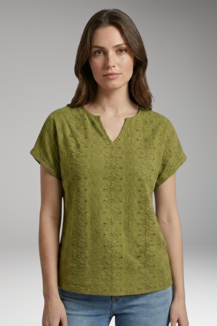 Women’s T-Shirt with Notched Neckline and Eyelet Embroidery