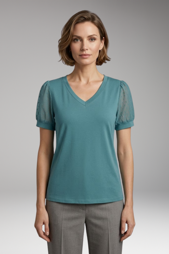 Women’s T-Shirt with Puff Sleeves and V-Neck