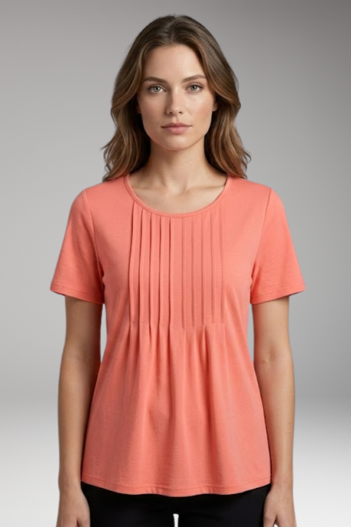 Women’s T-Shirt with Round Neck and Pleated Front