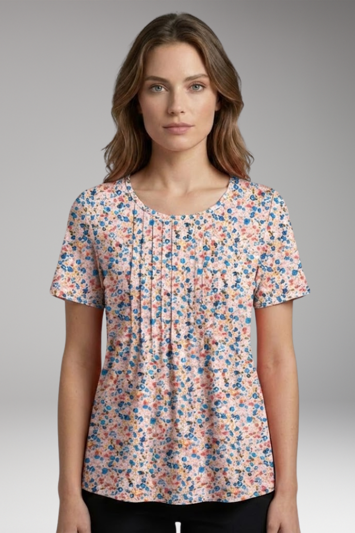 Women’s T-Shirt with Round Neck and Pleated Front