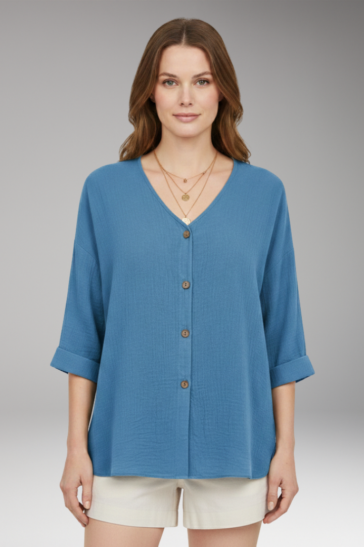 Women’s T-Shirt with V-Neck and Button Front