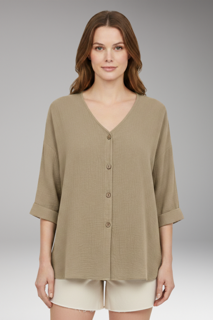 Women’s T-Shirt with V-Neck and Button Front