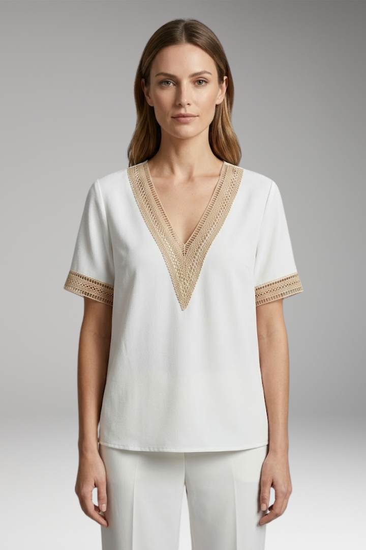 Women’s T-Shirt with V-Neck and Crochet Trim