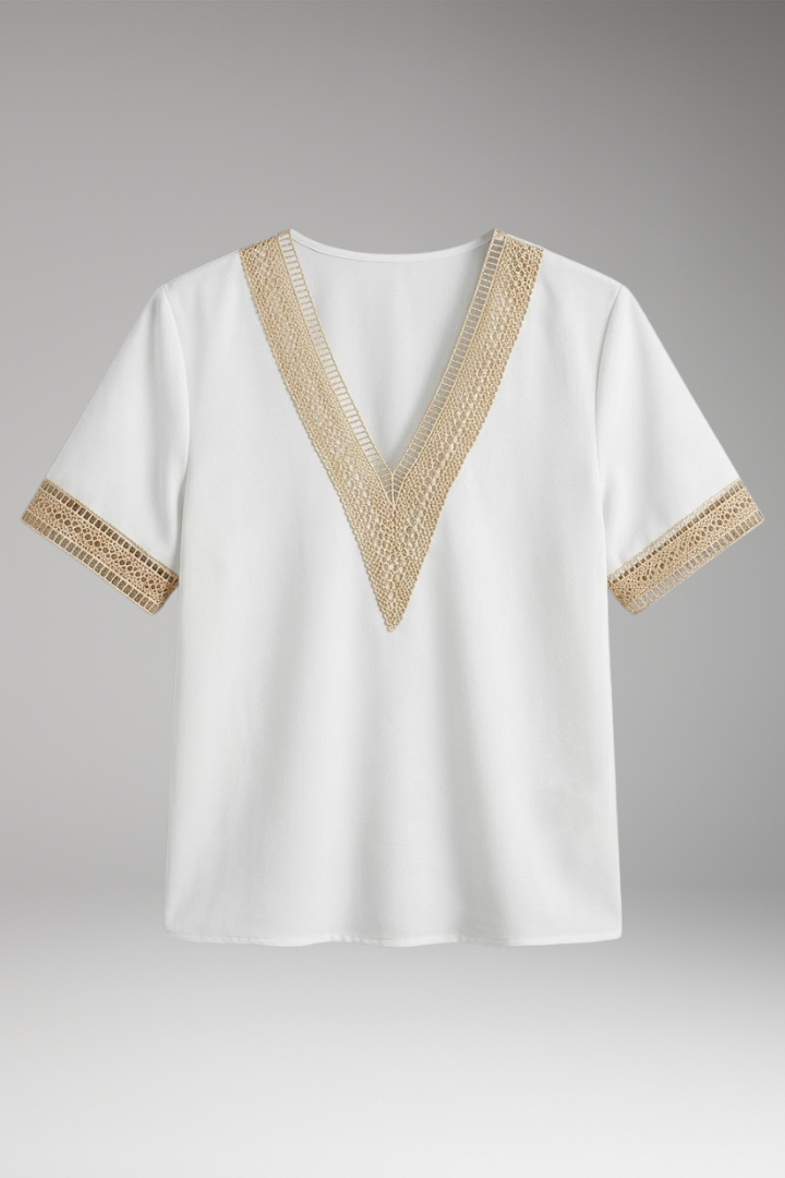 Women’s T-Shirt with V-Neck and Crochet Trim