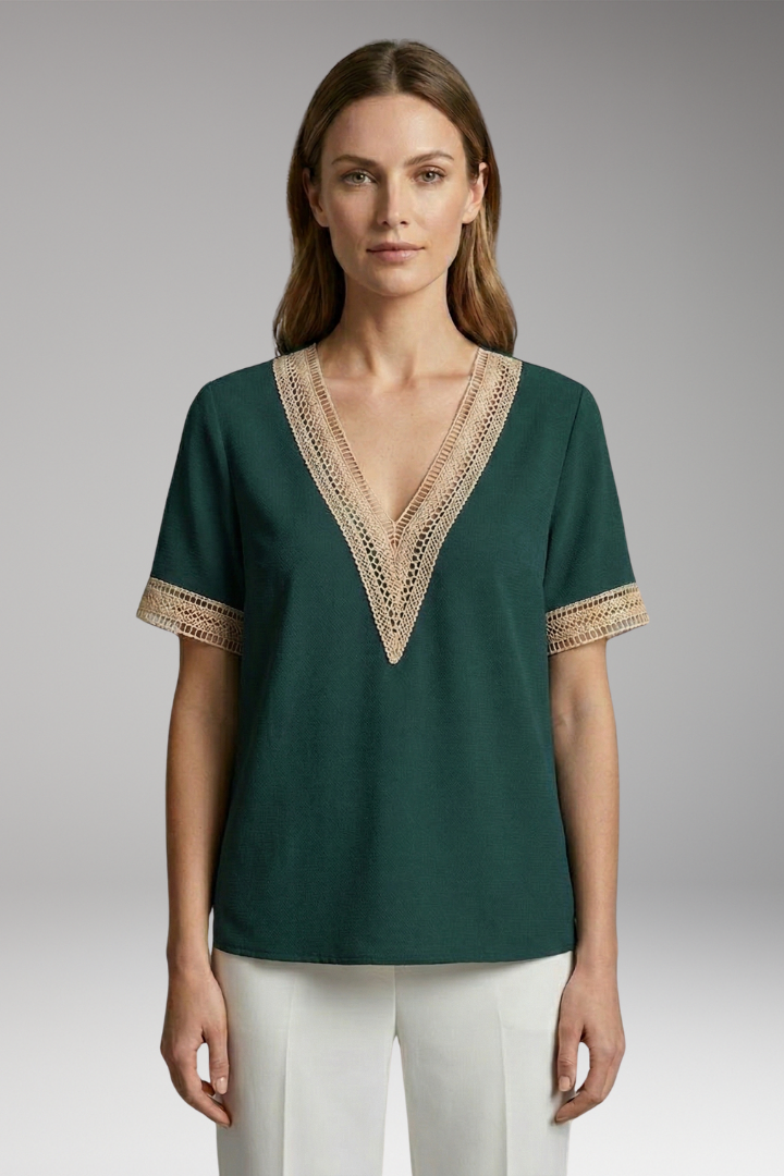 Women’s T-Shirt with V-Neck and Crochet Trim