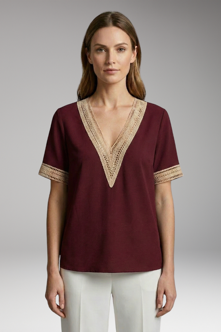 Women’s T-Shirt with V-Neck and Crochet Trim