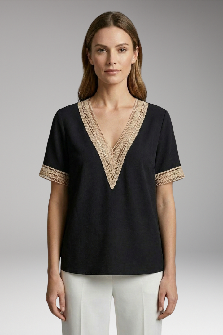Women’s T-Shirt with V-Neck and Crochet Trim