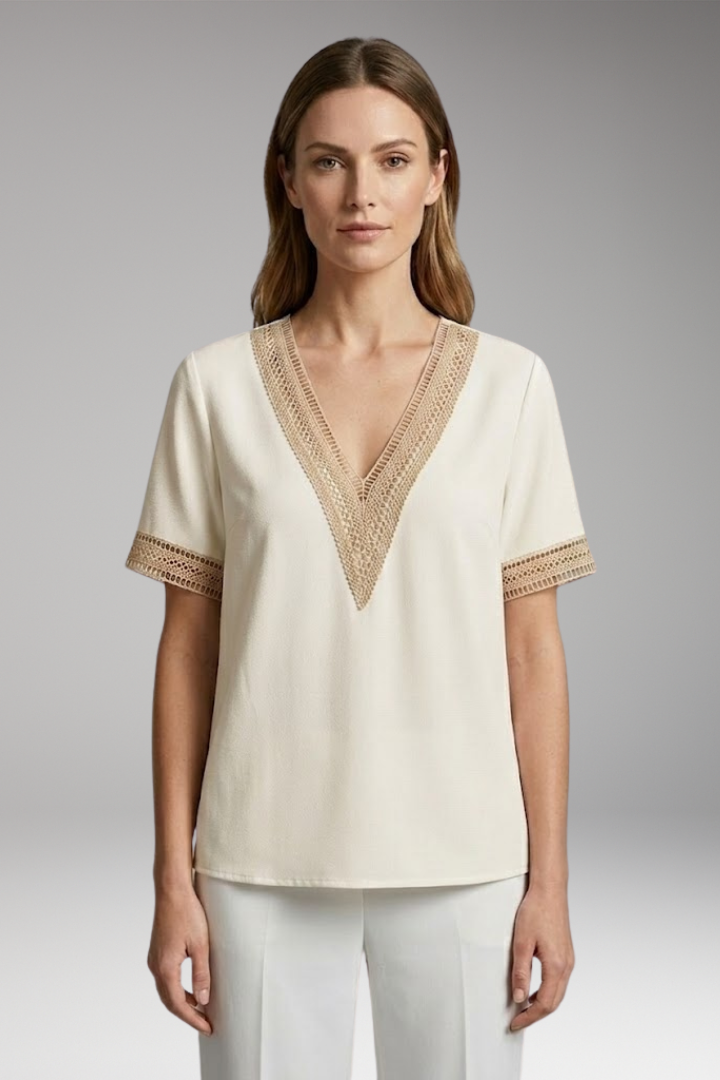 Women’s T-Shirt with V-Neck and Crochet Trim