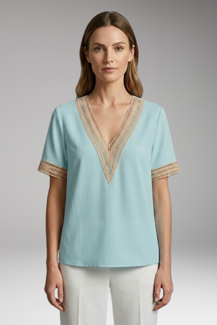 Women’s T-Shirt with V-Neck and Crochet Trim