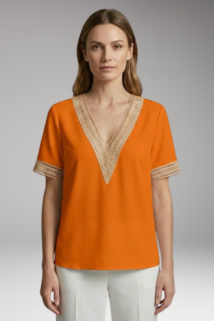 Women’s T-Shirt with V-Neck and Crochet Trim