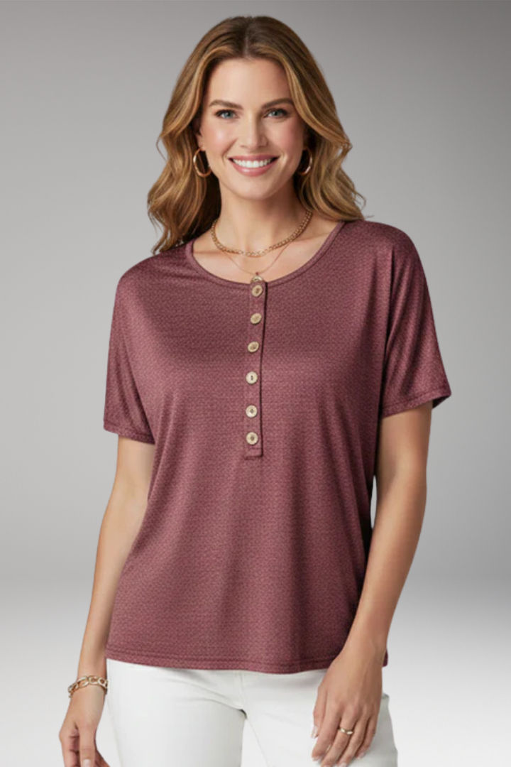 Women's T-shirt with Button Detailing and Round Neckline