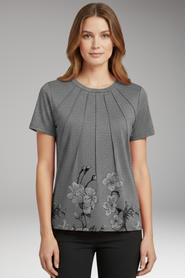Women's T-shirt with Pleated Chest and Round Neck