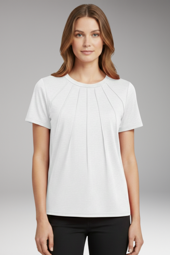 Women's T-shirt with Pleated Chest and Round Neck