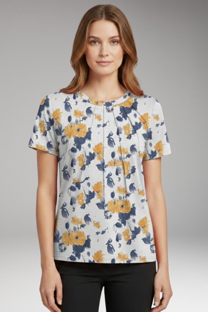 Women's T-shirt with Pleated Chest and Round Neck