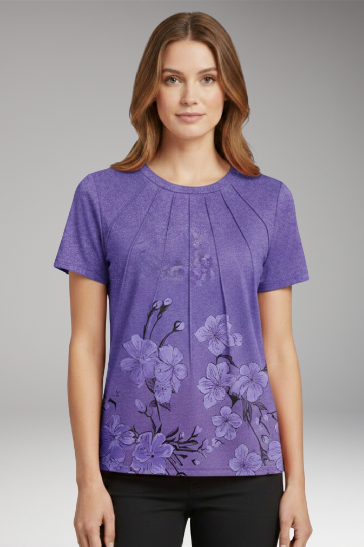 Women's T-shirt with Pleated Chest and Round Neck