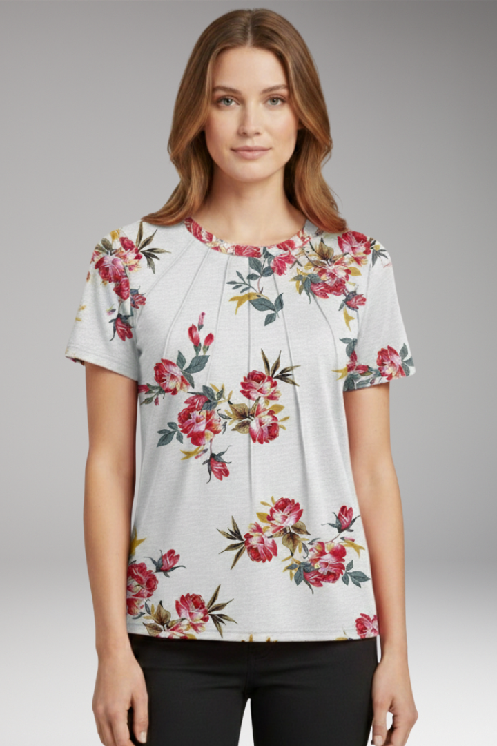 Women's T-shirt with Pleated Chest and Round Neck