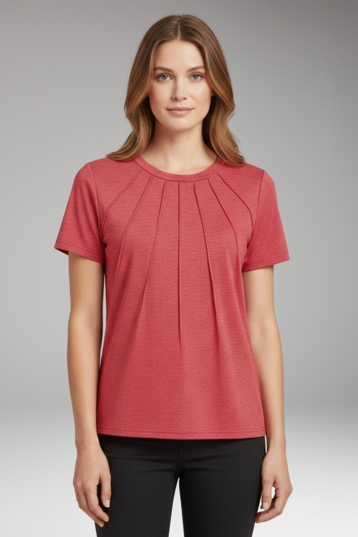 Women's T-shirt with Pleated Chest and Round Neck