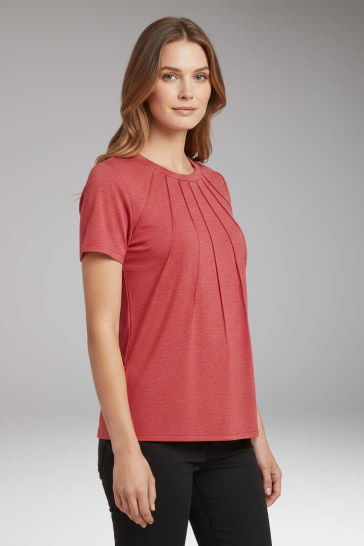 Women's T-shirt with Pleated Chest and Round Neck