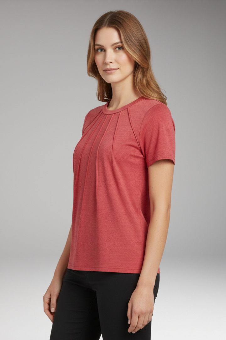 Women's T-shirt with Pleated Chest and Round Neck