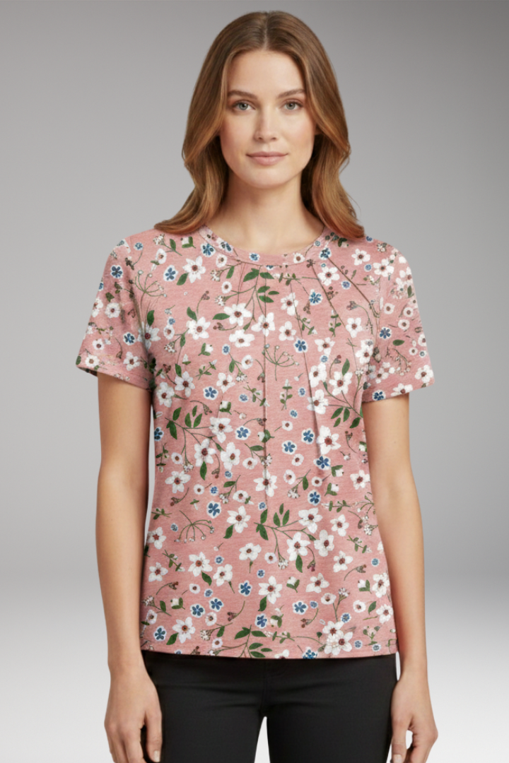 Women's T-shirt with Pleated Chest and Round Neck
